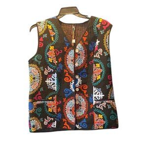Handmade Kyrgyz Multicolor Quilted Vest With Ethnic Swirl Patterns Size 58 Woode